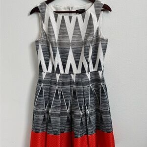 TAHARI Black Orange White Striped Sleeveless Short Fit & Flare Dress Size 10P